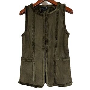 Forever 21 Faux Suede Faux Fur Vest Olive Green Open Front Pockets Women's S